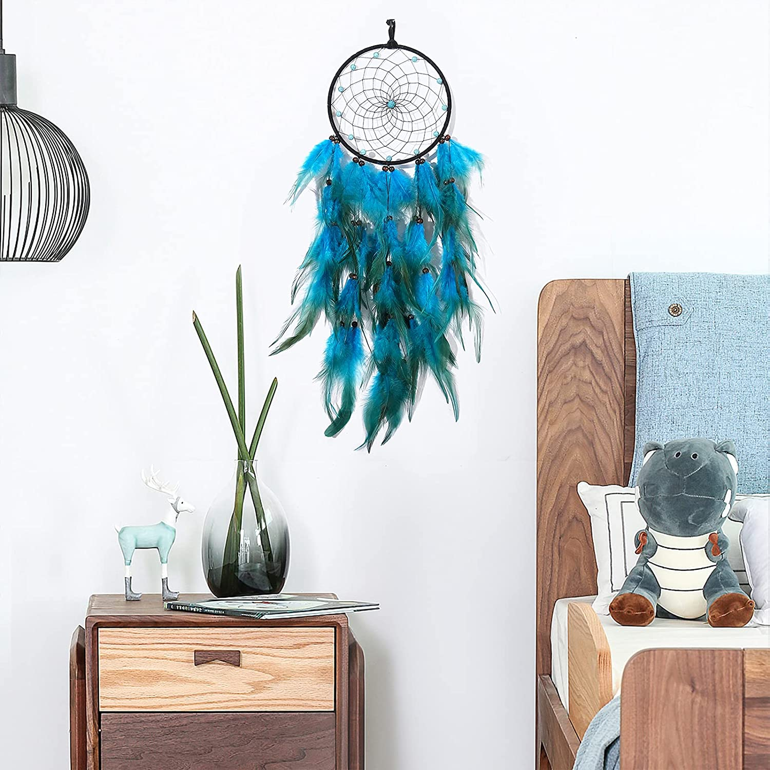 Dream Catchers with Blue Feathers, Handmade Boho Traditional Circular Net Dreamcatcher Wall Hanging Decor for Bedroom Dorm Home Ornaments Craft Gift (Black Circle) - 02-Tree-Blue image number 4