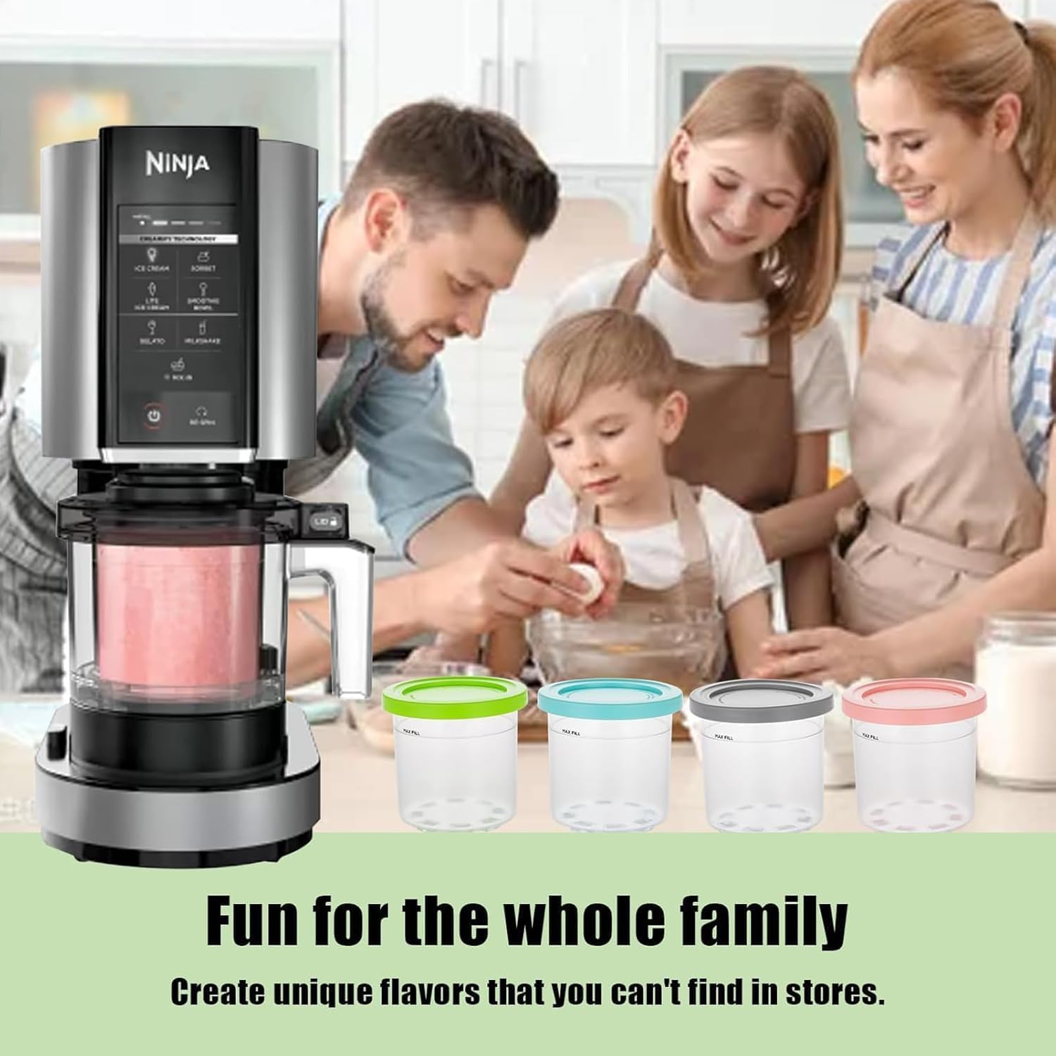 Containers Replacement for Ninja Creami Pints and Lids - 4 Pack 16Oz Cup, Ice Cream Containers, Compatible with NC301 NC300 NC299AMZ Series Ice Cream Maker, BPA Free, Leak Proof（With 5 Spoon） image number 2