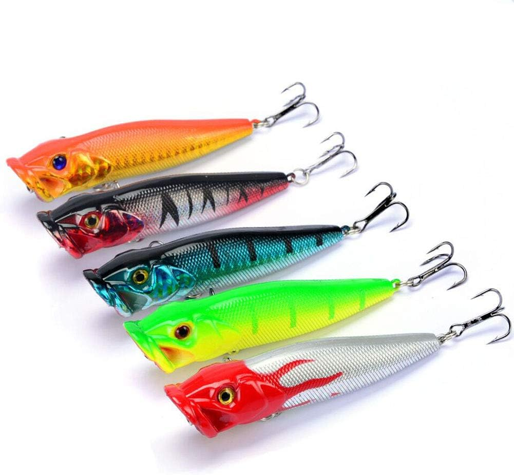 Fishing Lures 5Pcs Fishing Bass Lures Popper Lure Shallow Swimbait Crankbait with Treble Hook 3D Fishing Eyes for Bass Trout Freshwater and Saltwater