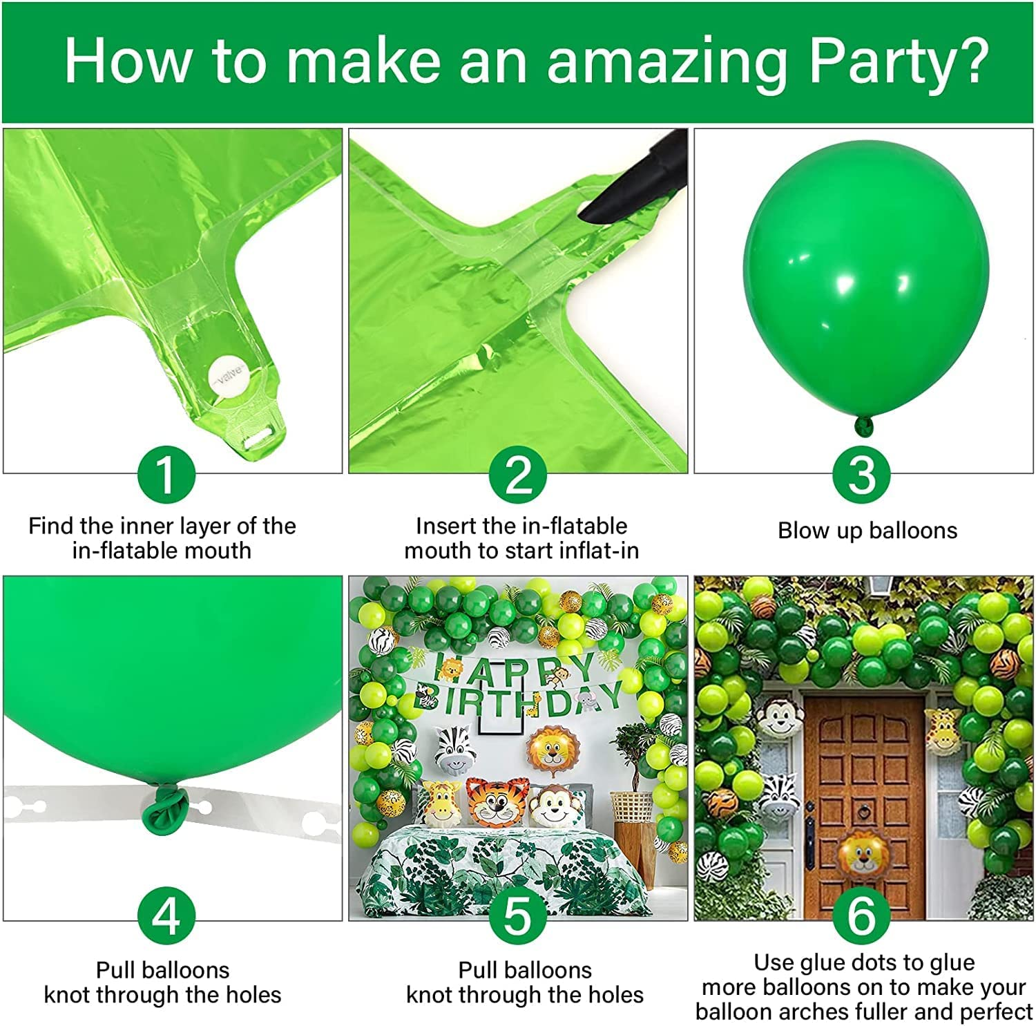 Toddler Jungle Theme Balloon Arch Kit for 1 Year Old Baby Boy Girl, Green Happy Birthday Banner Balloons Garland, Safari Shower Party Supplies Decorations - 64Pcs (1) image number 3