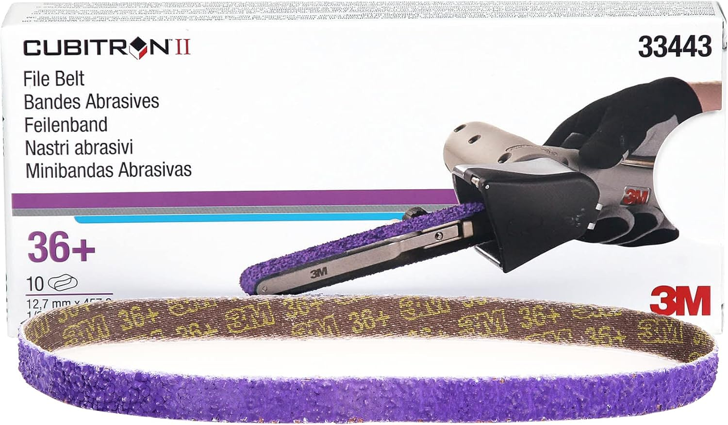 Cubitron 3M II File Belt, 33443, 36+ Grit, 1/2 in X 18 In, Pack of 10 File Belts, Resin Bonded, Spot Weld Removal image number 6