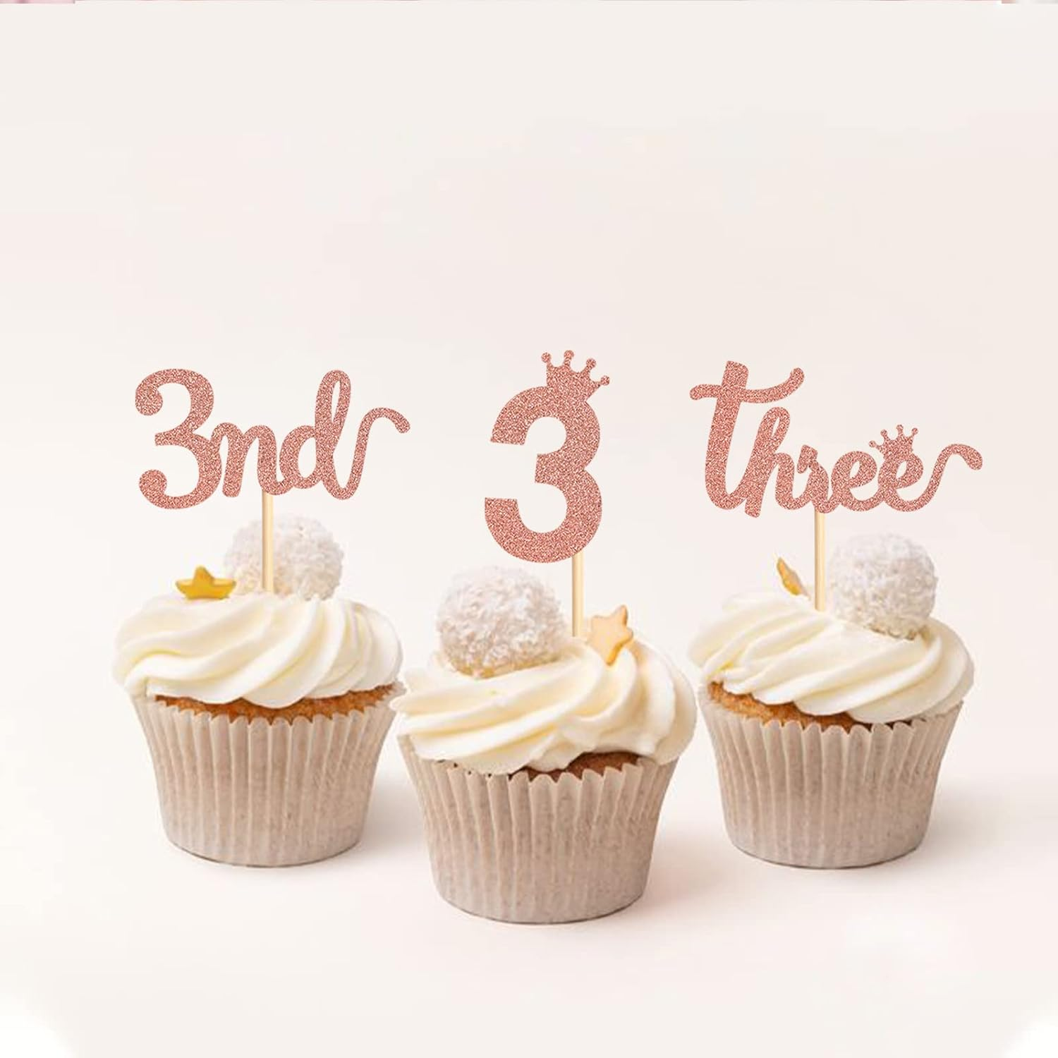 24PCS 3Nd Crown Birthday Cupcake Toppers Three Birthday Three Cupcake Picks Baby Shower Theme Prince Crown Party Cake Decorations Supplies Rose Gold