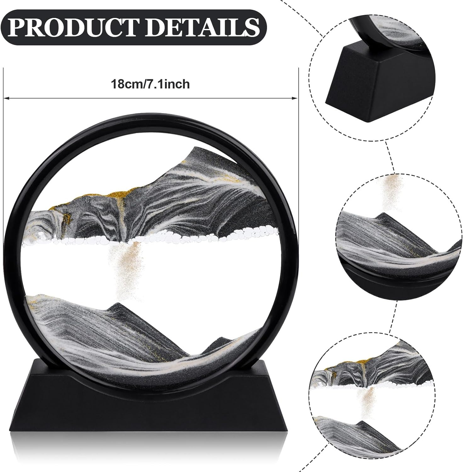 Flowing Sand 3D Natural Landscape Dynamic Art, round Glass Deep Sea Sandscape for Home Ornament, Desktop Art, Bookshelves Decoration (Black, 7 Inches) - 7,Black image number 2