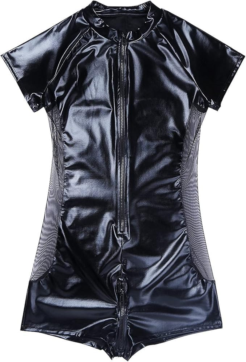 Men'S One Piece Faux Leather Leotard Bodysuit Catsuit Side Mesh Front Zipper Clubwear Costume image number 5