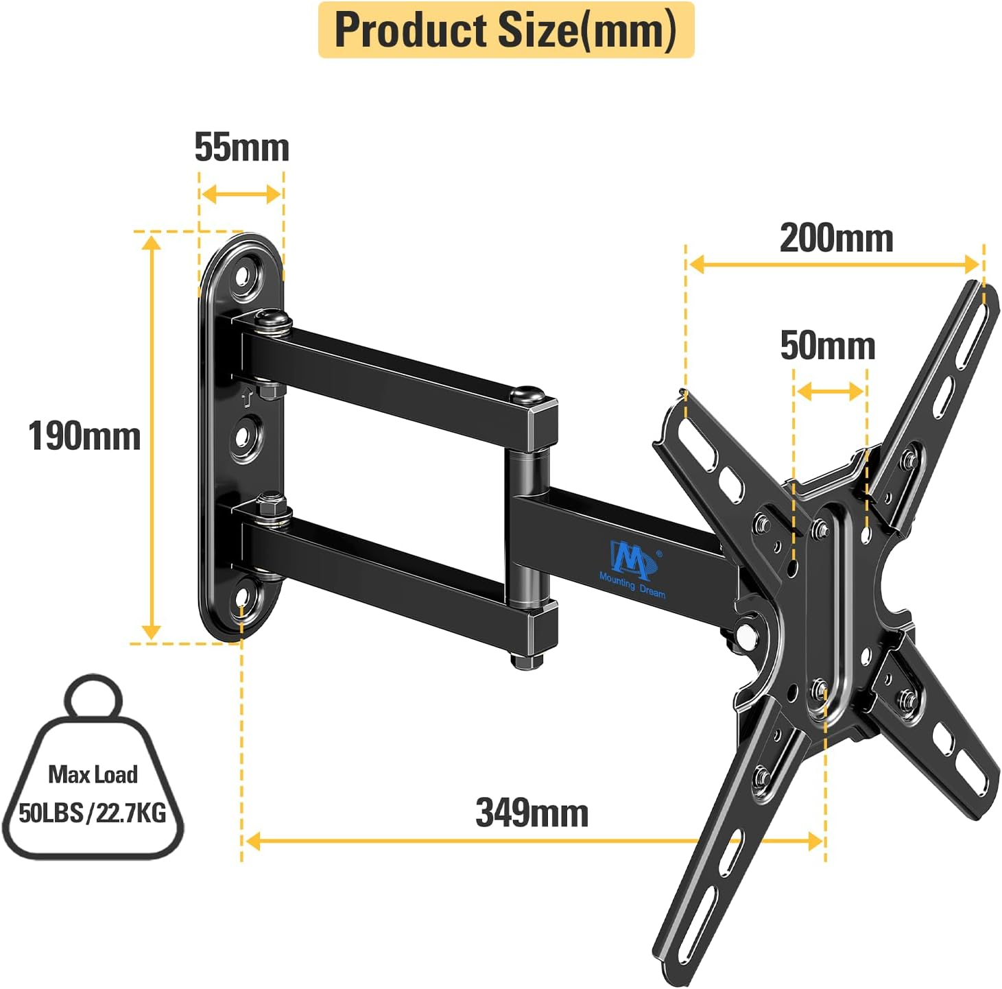 Mounting Dream Full Motion TV Mount with Swivel and Tilt, TV Wall Mount Fits Most 13-42&rdquo; Tvs and Monitor up to 50 LBS and VESA 200X200Mm, Articulating Arm TV Brackets for Single Stud MD2465-04 image number 6