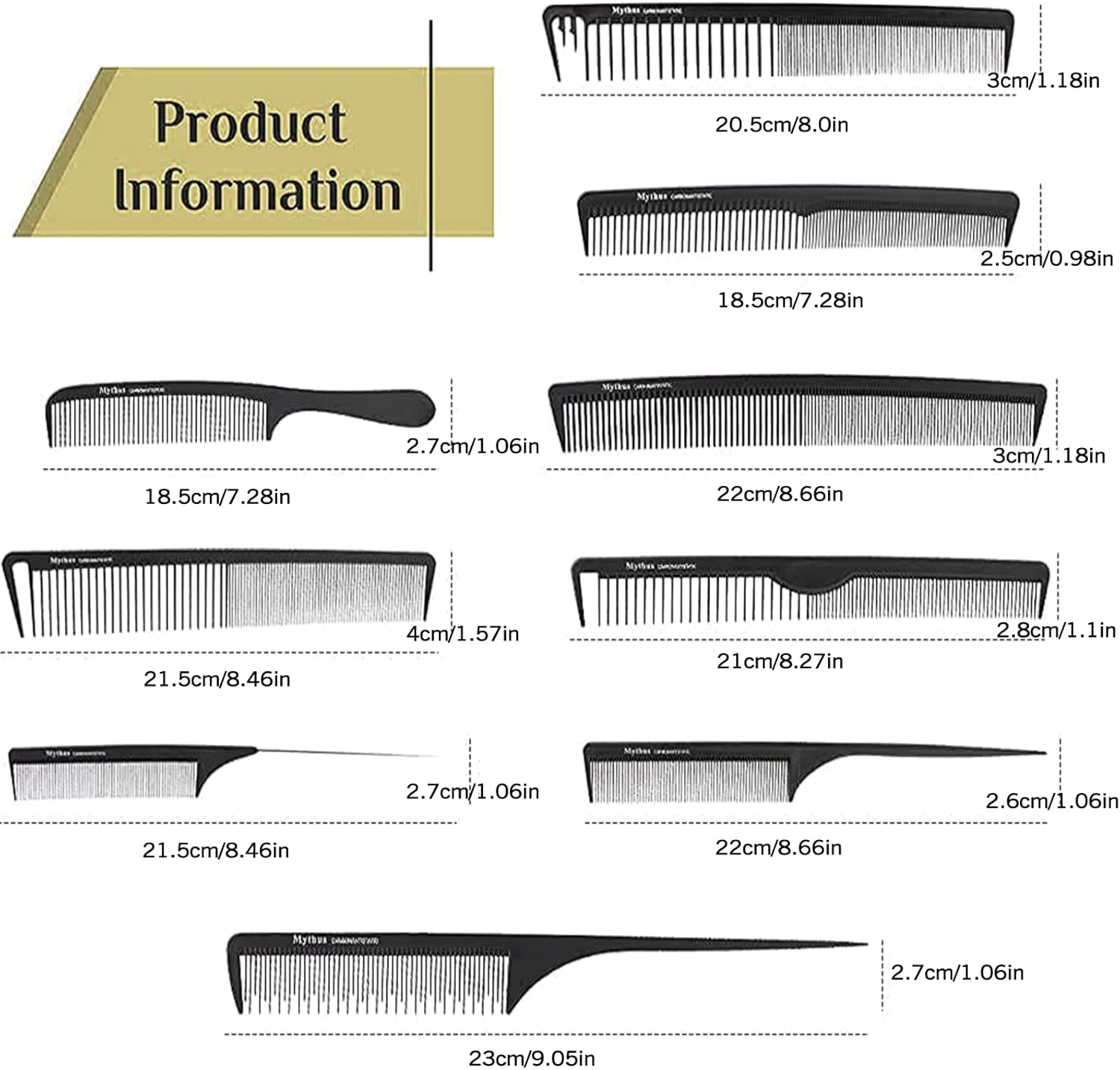 Mythus 9 Piece Black Hairdressing Carbon Comb Kit for Haircut anti Static image number 2