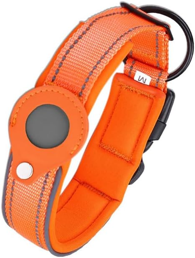 Soft Breathable Padded Leather Dog Collar with Airtag Holder, Heavy Duty Dog Collar with Metal Buckle for Medium Large Dogs (Orange, XL)