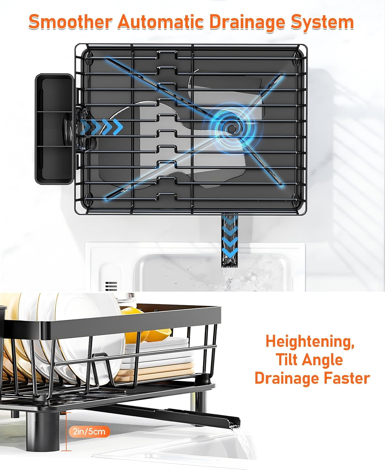 Large Dish Drying Rack with Drainboard, Stainless Steel Dish Rack for Kitchen Counter,Detachable Dish Drainer Organizer Shelf with Utensil Holder Set (Black) image number 2
