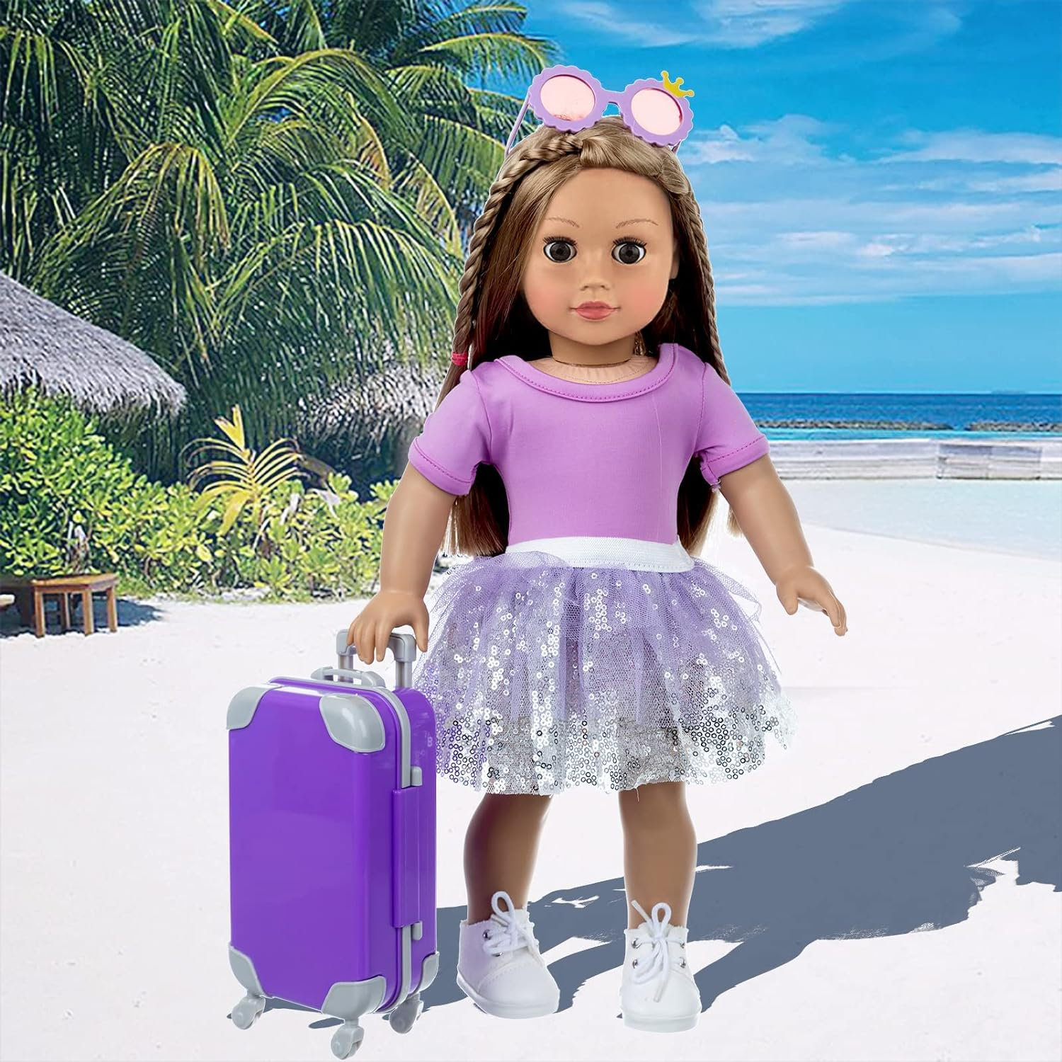 ZNTWEI American 18 Inch Girl Doll Travel Suitcase Play Set with 18 Inch Doll Clothes and Accessories Including Sunglasses Camera Computer Phone Ipad Travel Pillow Ect