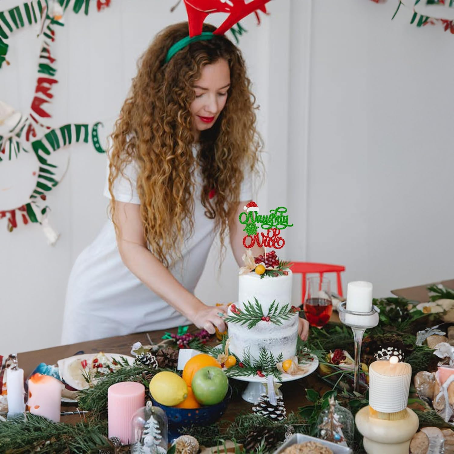 Gyufise 1Pc Naughty or Nice Cake Topper Red Green Glitter Santa Hat Snowflake Christmas Cake Decoration for Naughty Merry Christmas Theme Birthday Baby Shower Party Happy New Year Party Supplies - Multicolor-25Pcs image number 2