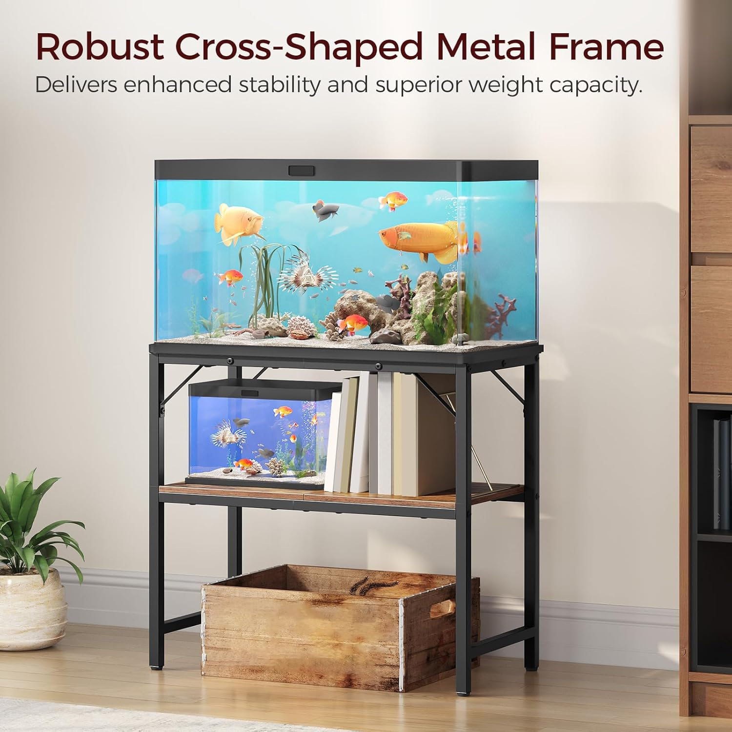 30 Gallon Fish Tank Stand, Aquarium Stand with 2-Tier Storage Shelves, Heavy Duty Breeder Turtle Terrarium Stand Rack for Home Office, 30.0" L X 11.8" W X 24.4" H, Rustic Brown FTHR3001