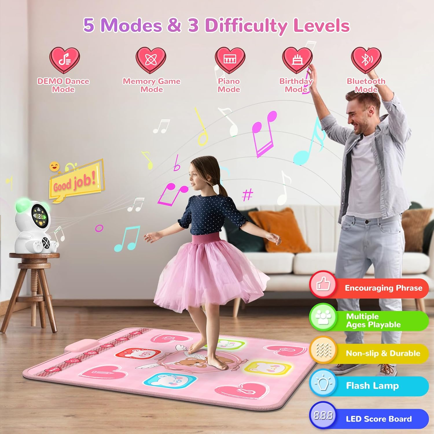 Dance Mat Toys for Girls, Light up Dance Pad with Wireless Bluetooth, Rechargeable & Portable Dance Mat for Kids, Birthday Gifts for 3 4 5 6 7 8 9+ Years Old Kids (Pink) image number 2