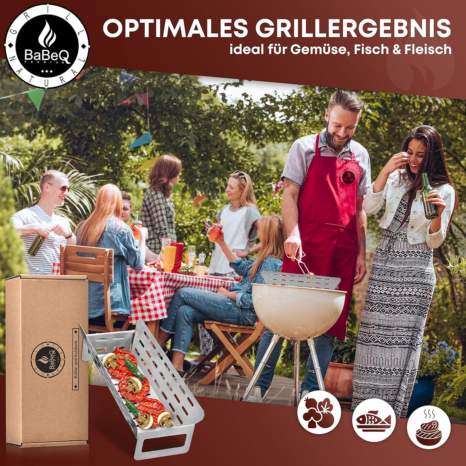 3-In-1 Stainless Steel Grill Basket, Charcoal Basket, Smoking Basket (Square) for Vegetables, Meat, Fish, Coal, Smoking Chips &ndash; Vegetable Basket for Gas Grill, Electric Grill, Charcoal Grill &ndash; image number 1