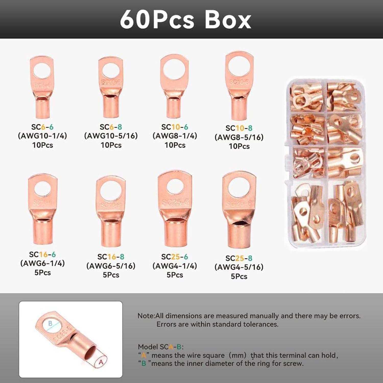 Battery Cable Lug Crimping Tool for Heavy Duty Wire Lugs with Cable Cutter 60Pcs Ring Terminals, Battery Terminal 6-50Mm&sup2;, Copper Lugs for 10, 8, 6, 4, 2, 1/0 AWG Wire Cable Cutting and Crimping image number 3