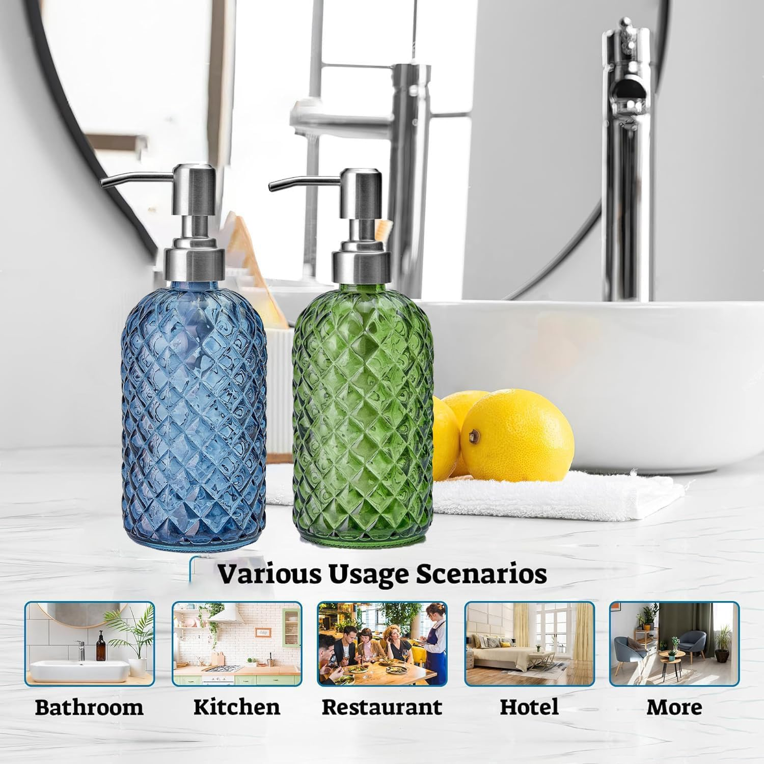 AXIM Glass Soap Dispenser with Stainless Steel Pump, 400Ml Refillable Lotion Soap Bottle, Dish & Hand Soap Dispenser, Home Decoration (2 Pc/Blue) image number 1