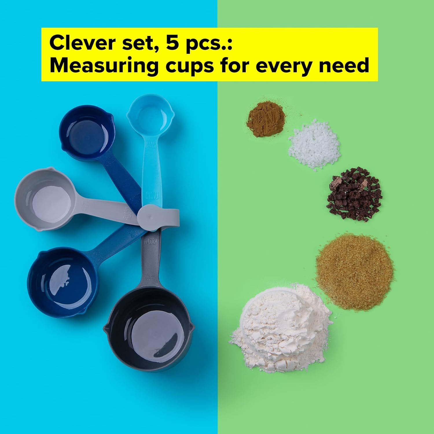 Tasty 5-Piece Measuring Cups Set for Baking, Nesting Plastic Cups, Light Blue, Blue, Grey - 1/8, 1/4, 1/3, 1/2, 1 Cup image number 3
