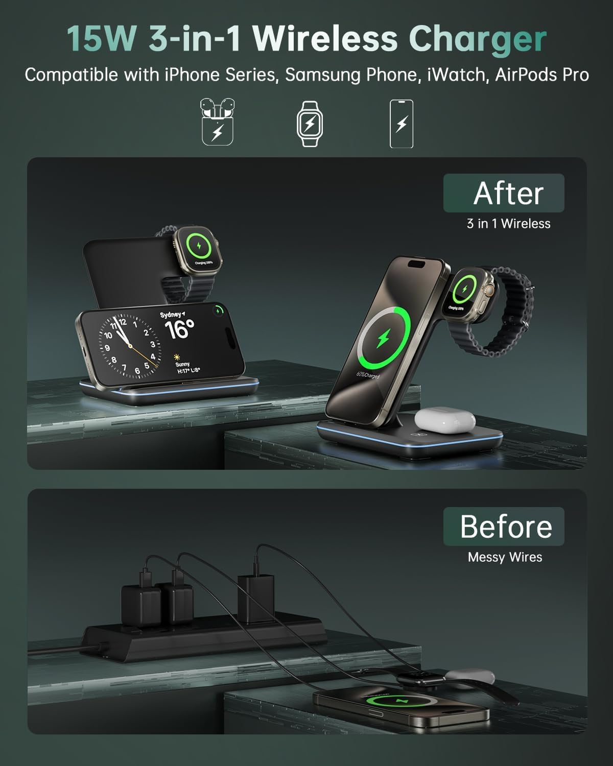 3-In-1 Wireless Charger for Apple, 15W Fast Wireless Charging Station, 3 In1 Wireless Charger Dock Compatible with Iphone 16/15/14, Airpods, Apple Watch, Iwatch 10/9/8 image number 1