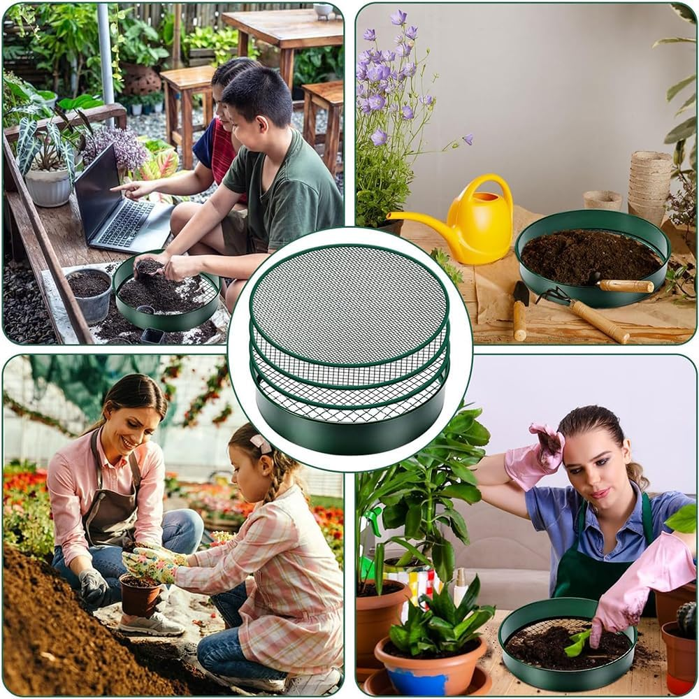 Soil Sieve, Fine Mesh Stainless Steel Soil Sieve, Garden Sieve, Gardening Tools Compost Sieve, Comes with 4 Interchangeable Strainer Sizes 3, 6, 9, 12 Mm and Shovel for Soil