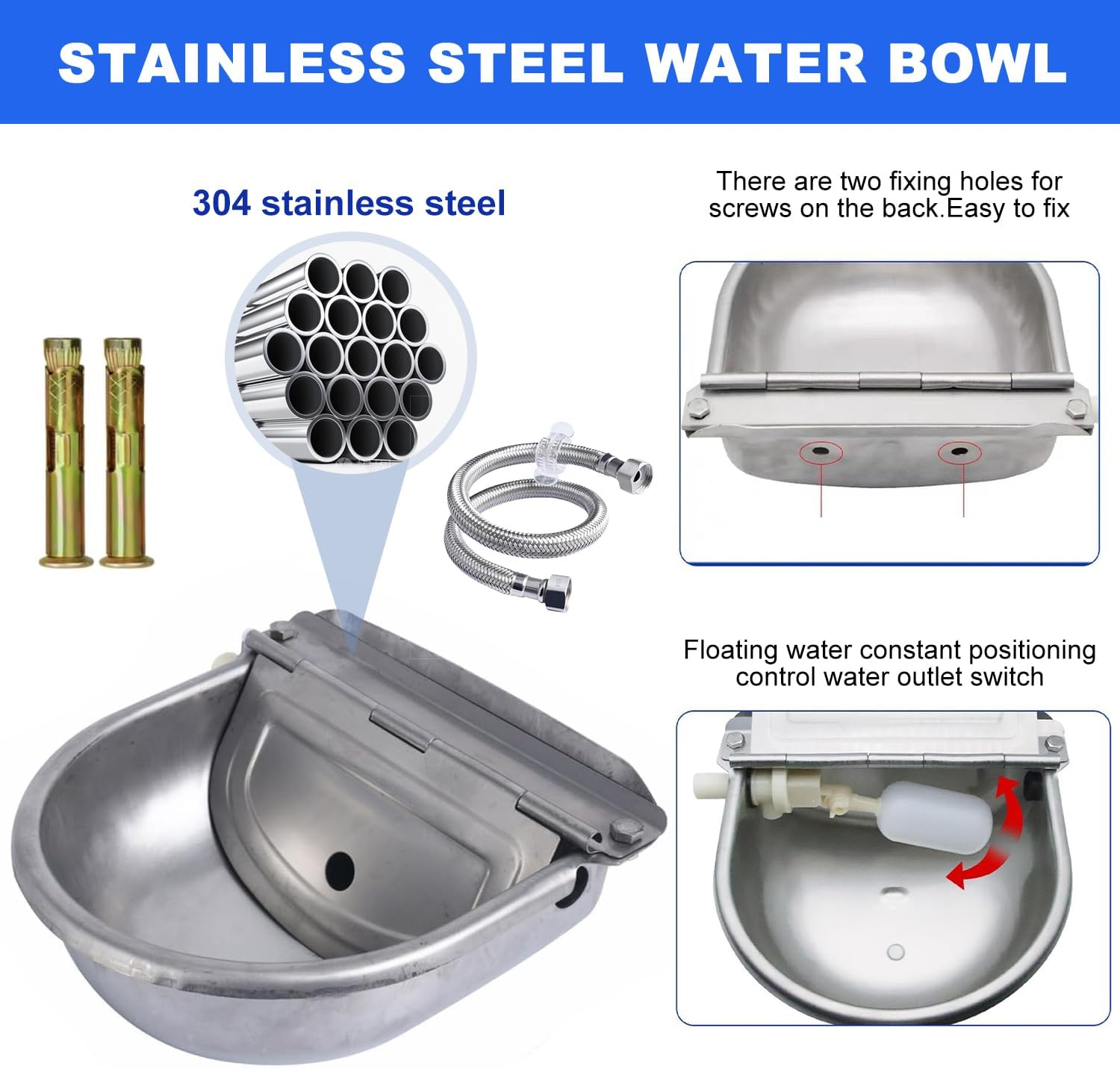 Automatic Livestock Waterer, 2.5L Durable Cattle Automatic Water Bowl-Dog Water Dispenser, 304 Stainless Steel Auto-Filling Waterer for Horses Sheep Cow Needed Farm Animal Waterer with Drainage image number 3