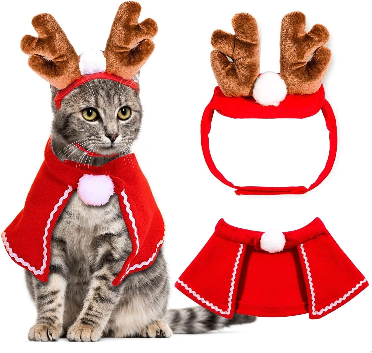 Santa'S Helper Cat & Dog Costume - Reindeer Antlers Headband, Cloak & Accessories for Xmas Party & Christmas Eve Celebrations (S) image number 1