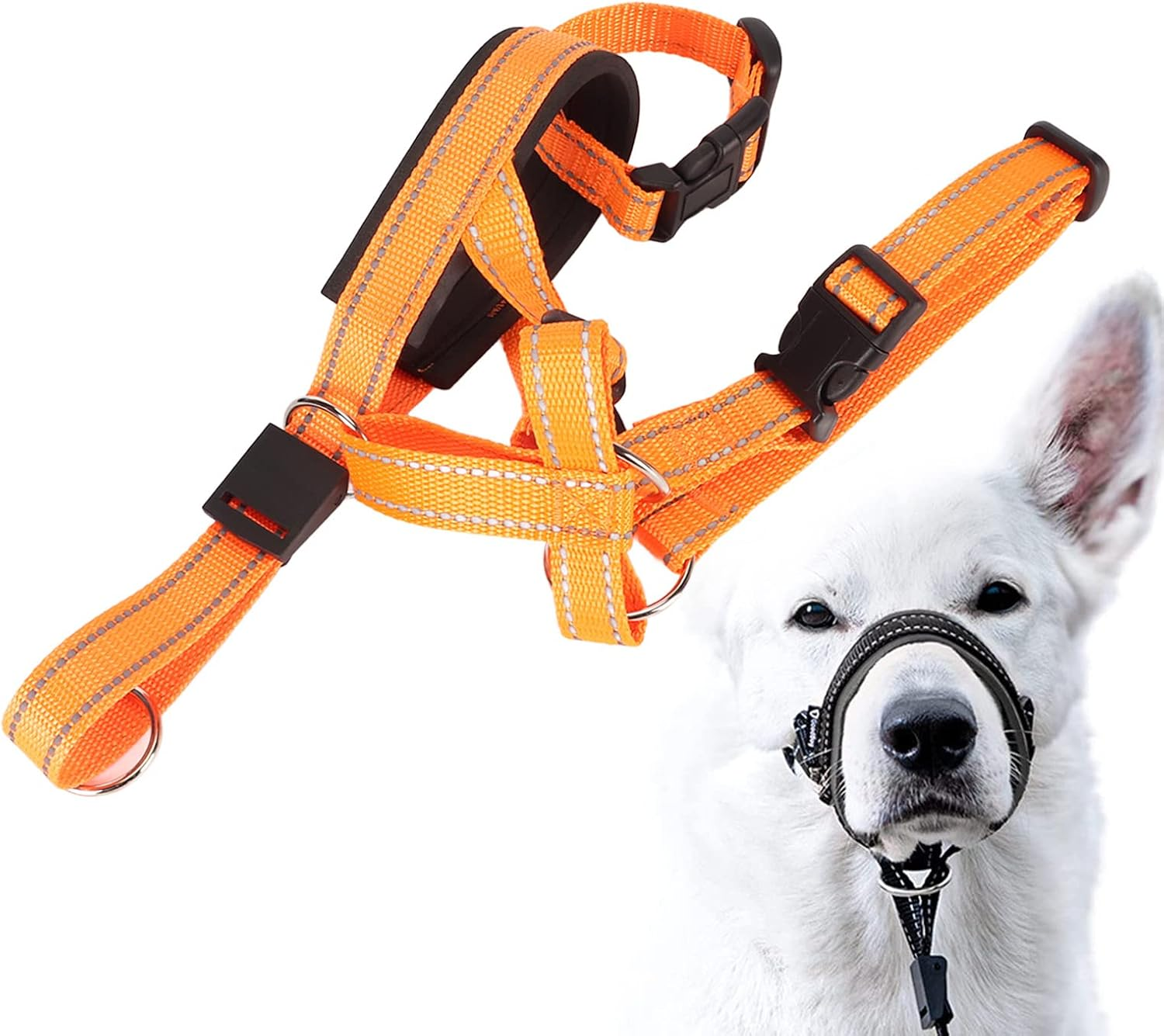 Dog Head Halter Muzzle, Padded Nose Bridge Breathable Orange Headcollar Dog Muzzle Adjustable Front Control Design for Walking (M) image number 4