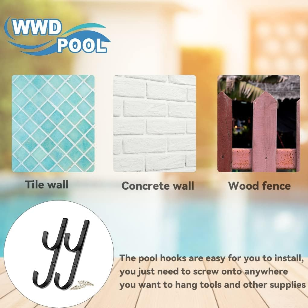 WWD Pool Swimming Pool Aluminum Pole Hanger Set, Black, 2-Pack (4 Hooks), for Telescoping Poles, Leaf Rakes, Skimmers, Nets, Brushes, Vacuum Hoses (2 Pair [ Black ])