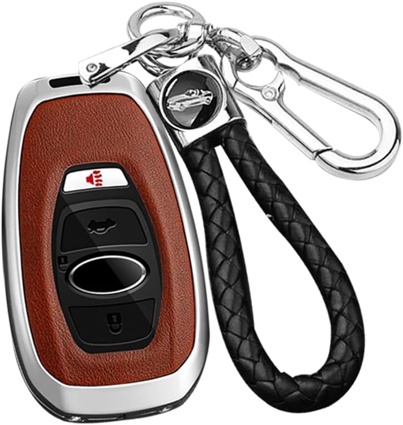 Ontto Alloy Car Key Fob Cover Fit for Subaru Forester Crosstrek Outback WRX Ascent BRZ Impreza Legacy Leather Smart Key Case Shell Key Holder Bag Keyring Keychain Protector Accessories Silver-Brown image number 6