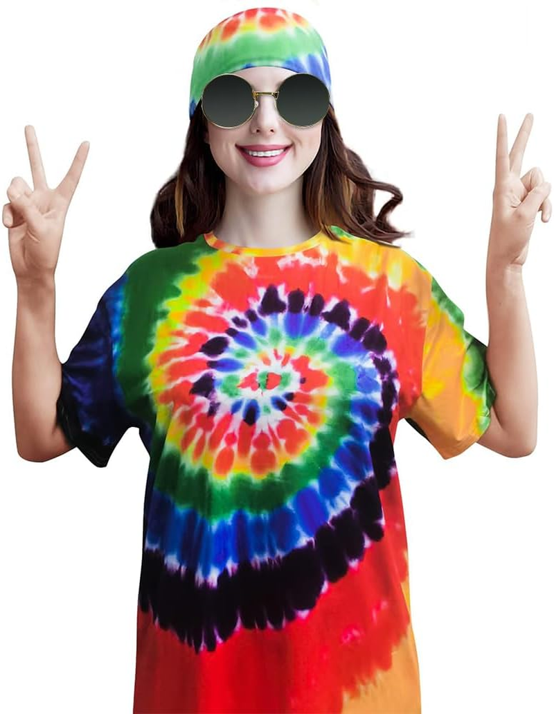 AUTOWT 4Pcs Hippie Costume for Men Women, 60S 70S Costume Accessories, Tie Dye Colorful T-Shirt Peace Sign Necklace Headband Sunglasses for Disco Outfit Cosplay Halloween Carnival Theme Party image number 6