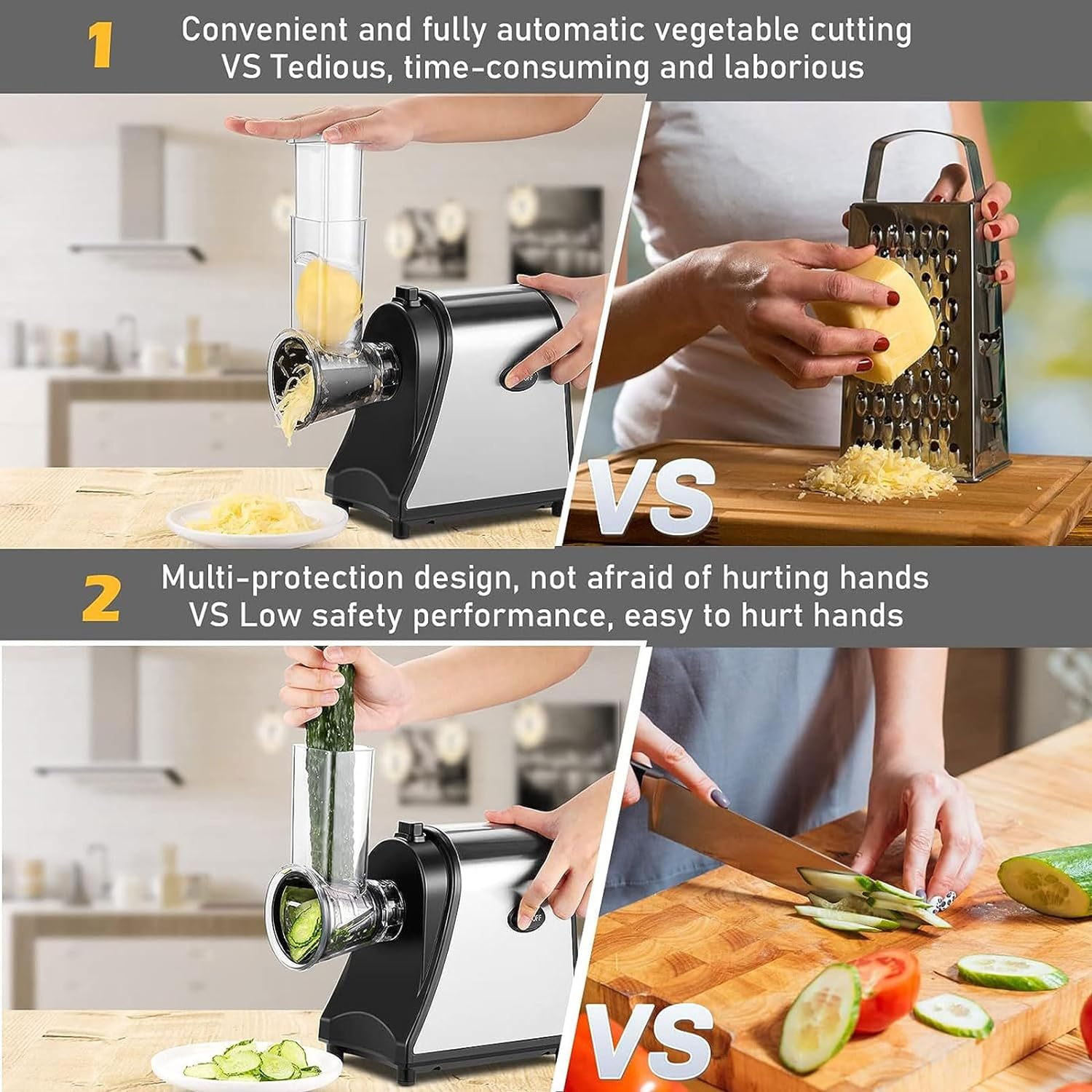 Electric Cheese Grater, 250W Multifunctional Electric Vegetable Cutter Slicer, 5 in 1 Electric Grater with Large Direct Inlet and 5 Different Blades for Vegetables Block Cheese and Fruits image number 6