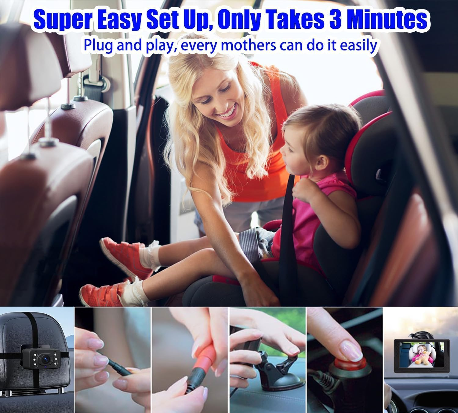 B-Qtech Baby Car Camera 1080P, 4.3'' HD Baby Car Mirror Monitor, 360&deg; Adjustable HD Night Vision with 150&deg; Wide View, Essentials for Newborn, Observe Every Movement of Baby