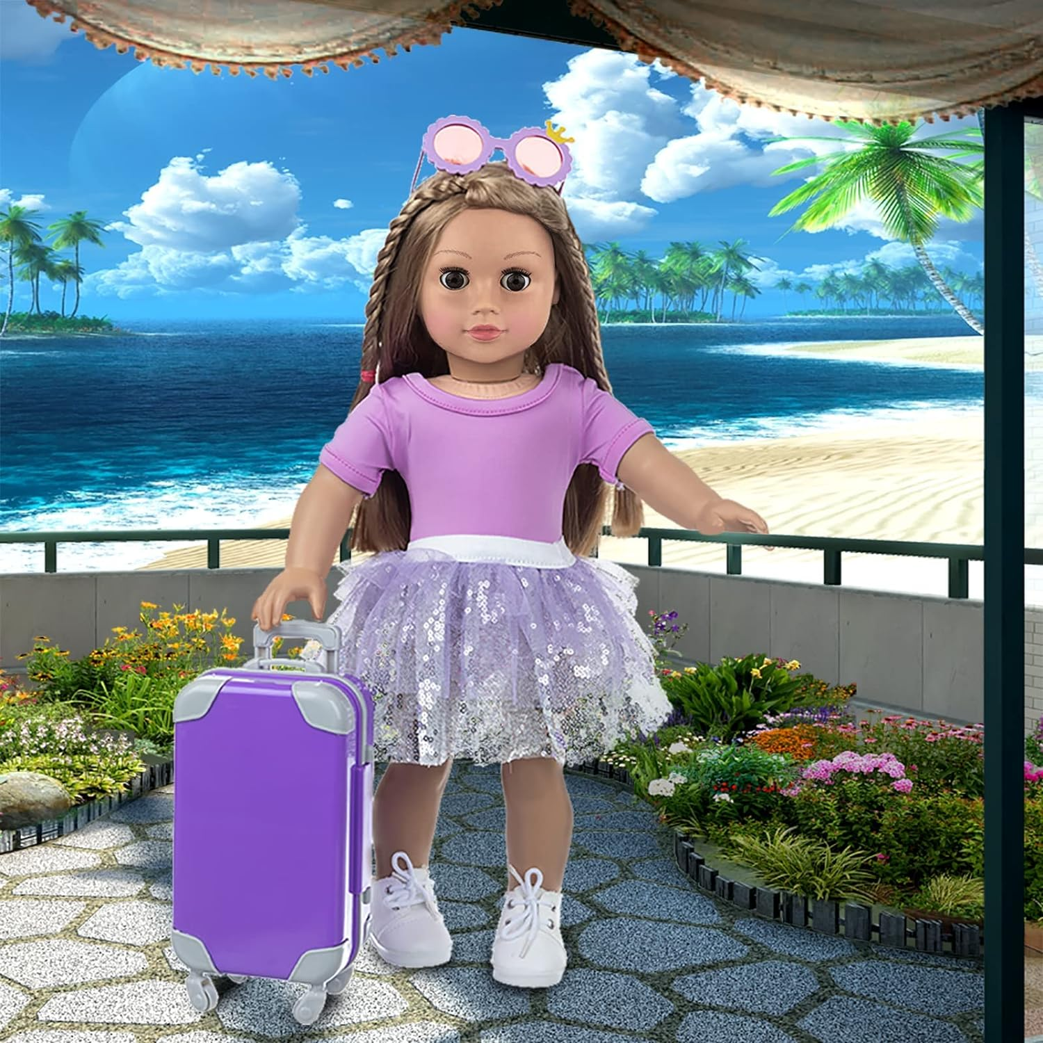 ZNTWEI American 18 Inch Girl Doll Travel Suitcase Play Set with 18 Inch Doll Clothes and Accessories Including Sunglasses Camera Computer Phone Ipad Travel Pillow Ect image number 1