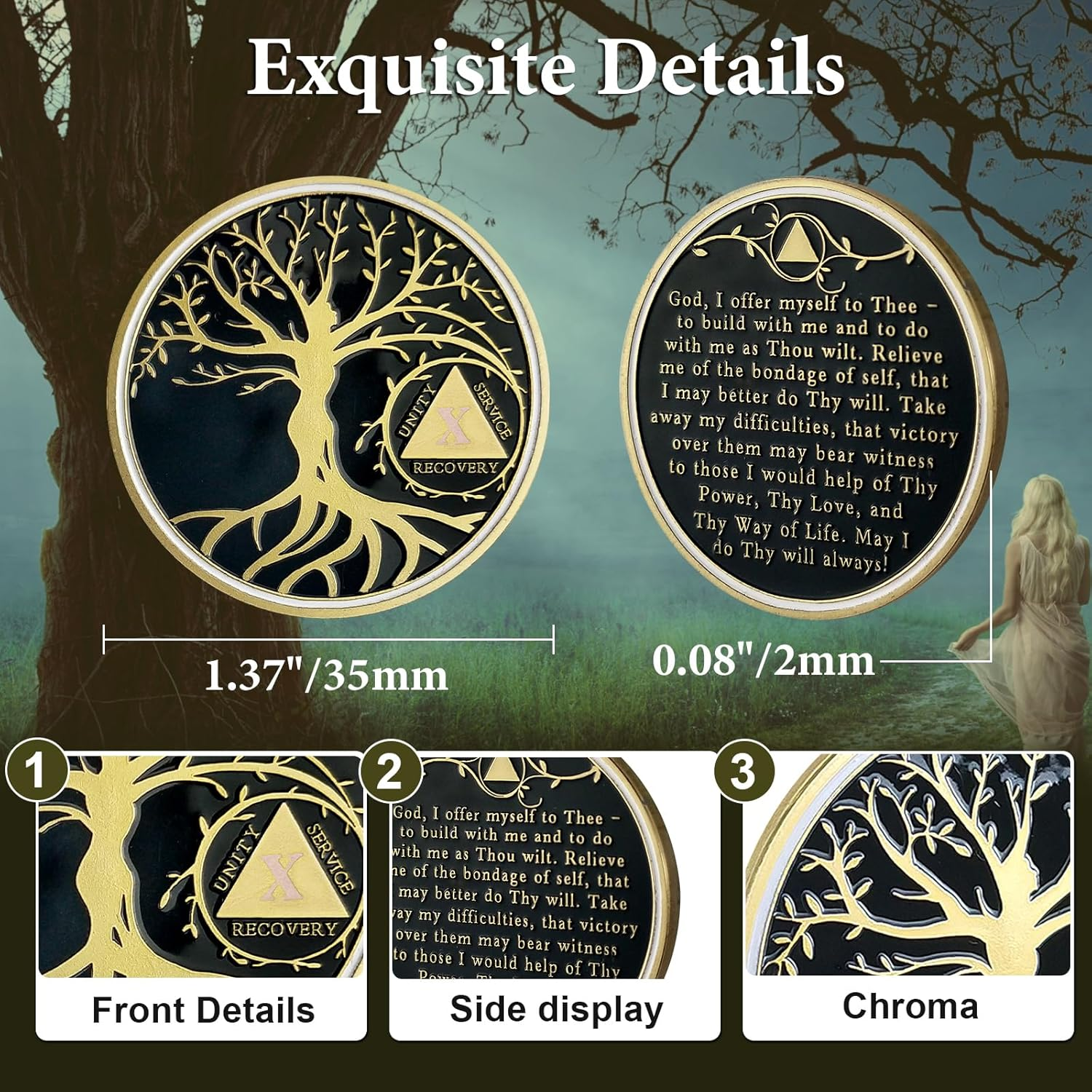 10 Year Sobriety Coin, Tree of Life AA Chips and Medallions Sobriety Recovery Chip Anniversary Sober Token Alcoholics Anonymous Recovery Gifts for Women Men - 10 Year image number 3