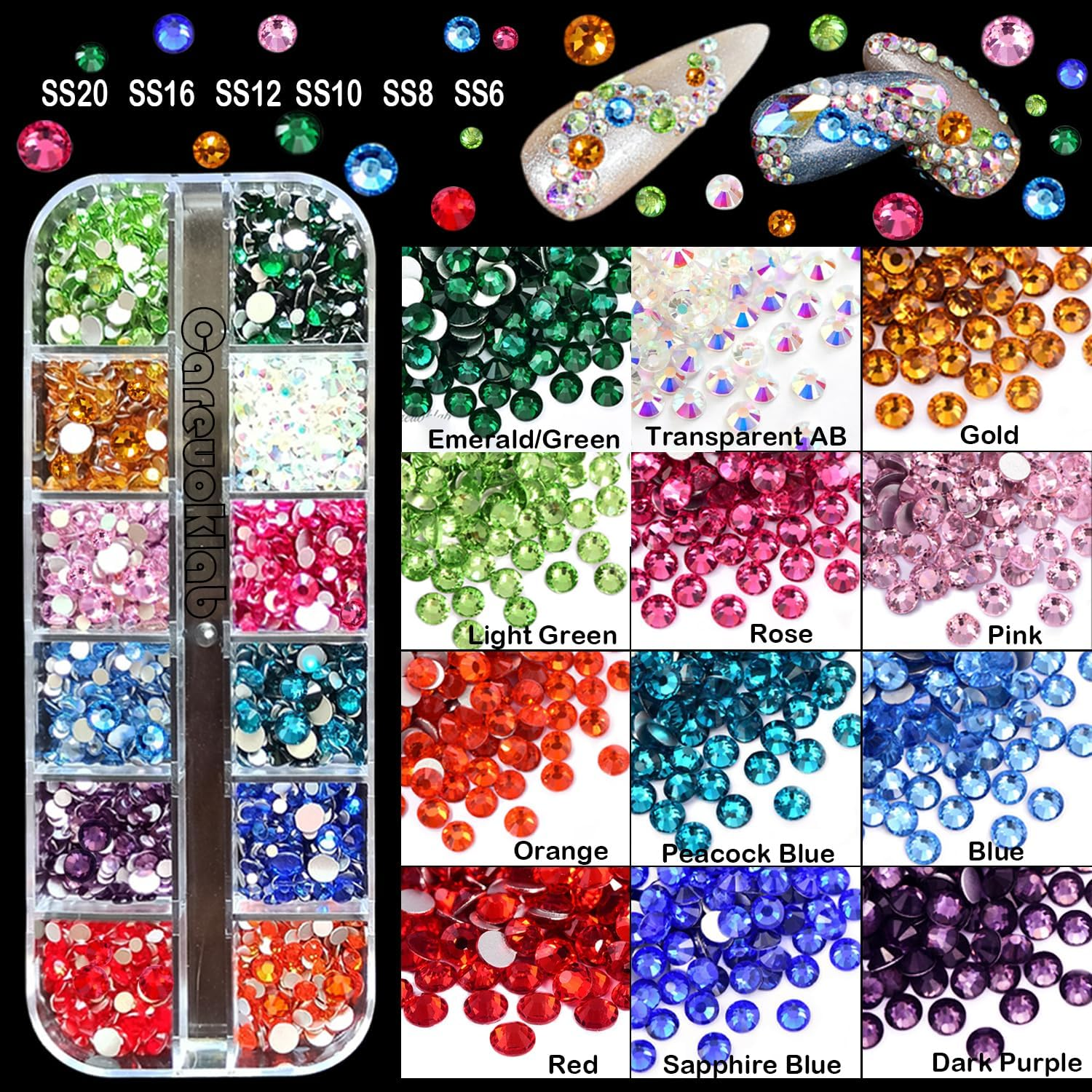 2 Boxes Colorful Glass Crystals of Flatback Rhinestones, Multi Sizes 3D Nail Art Gems Stones for Nails Crafts and DIY Decoration (Multicolor + Crystal AB) image number 5