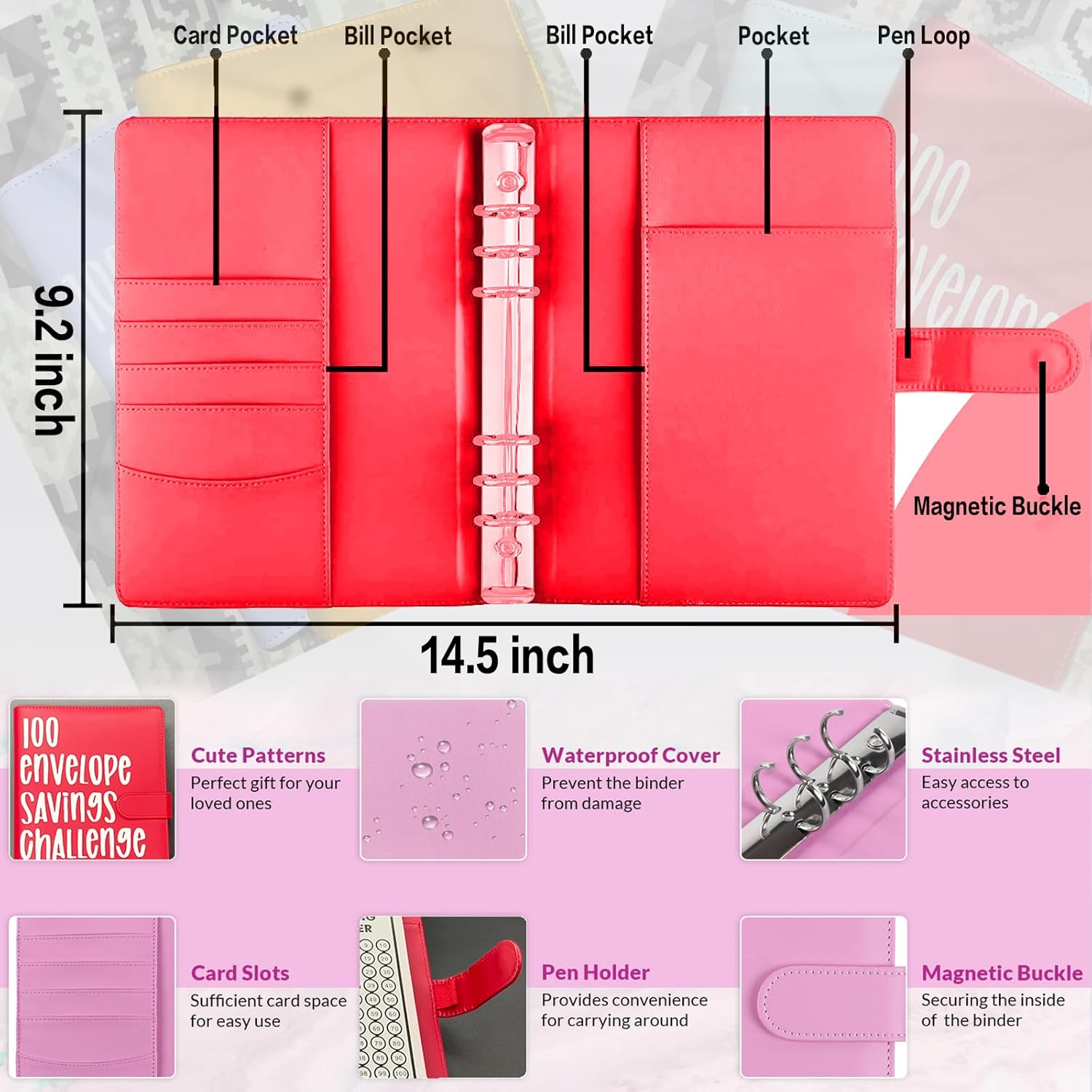 100 Envelope Challenge Binder, Savings Challenges Sheets,Easy and Fun Way to save $5,050, Budget Binder with Cash Envelopes, Savings Challenges Binder, Budget Planner Book for Budgeting (Purple) image number 6