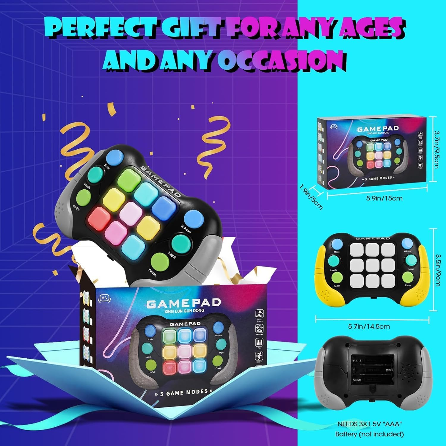 Fast Push Game Fidget Toys Handle, Quick Push Light up Pop Game Fidget Toy with 5 Gaming Modes, Quick Push Buttons Gamepad for Teens Adults, Christmas Birthday for 3-12 Year Old Kids (Grayish Black) image number 4