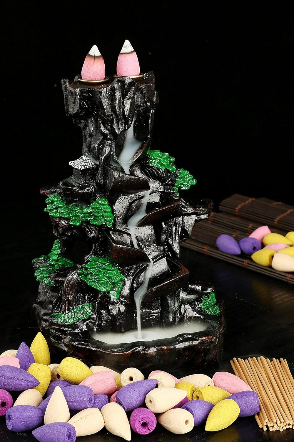 XUDREZ Mountain Backflow Incense Holder Resin Waterfall Incense Burner Incense Cones Holder Home Decor Gifts with 120Pcs Incense Cones