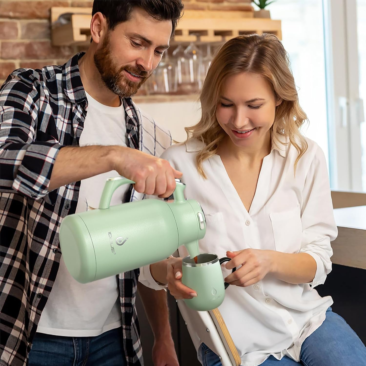 IDEUS Thermal Coffee Carafe 68Oz (2,000Ml), Stainless Steel Double Wall Insulated Vacuum Flask, Water Jug Coffee Server and Beverage Dispenser, Heat and Cold Retention (Avocado, 68Oz (2,000Ml)) - Celadon image number 3