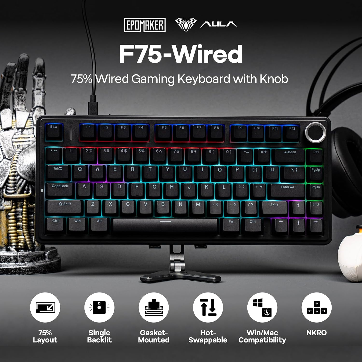 EPOMAKER Aula F75-Wired 75% Gaming Keyboard with Knob, Shine through ABS Keycap, Hot Swappable Creamy Mechanical Keyboard for Games/Office (Black) image number 5
