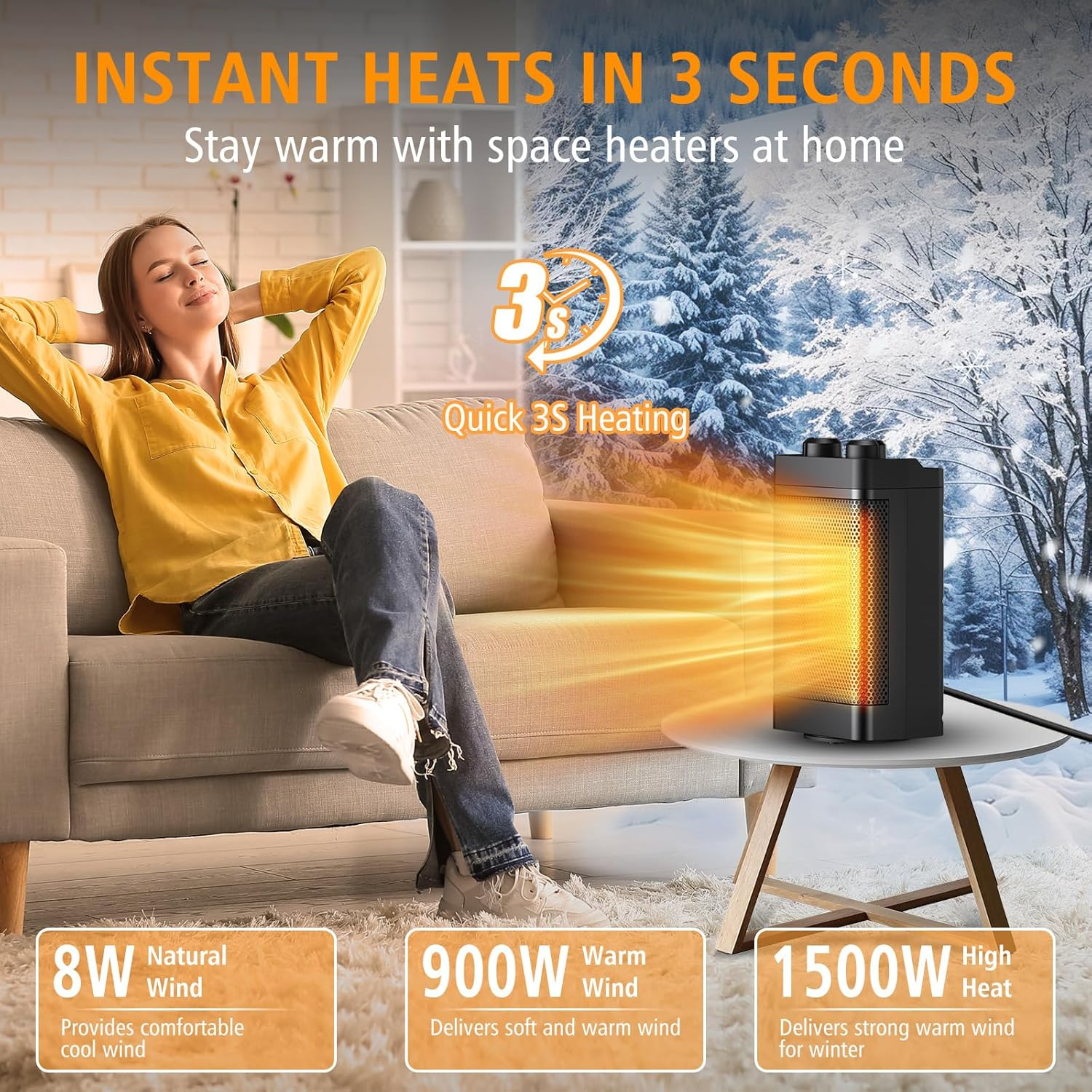 Electric Heater, Fan Heatet, Heaters for Home Low Energy Silent, 3-Mode Oscillating PTC Ceramic Electric Space Heater, Overheating & Tip-Over Protection, Space Heater for Office, Home,Bedroom (Black) image number 4