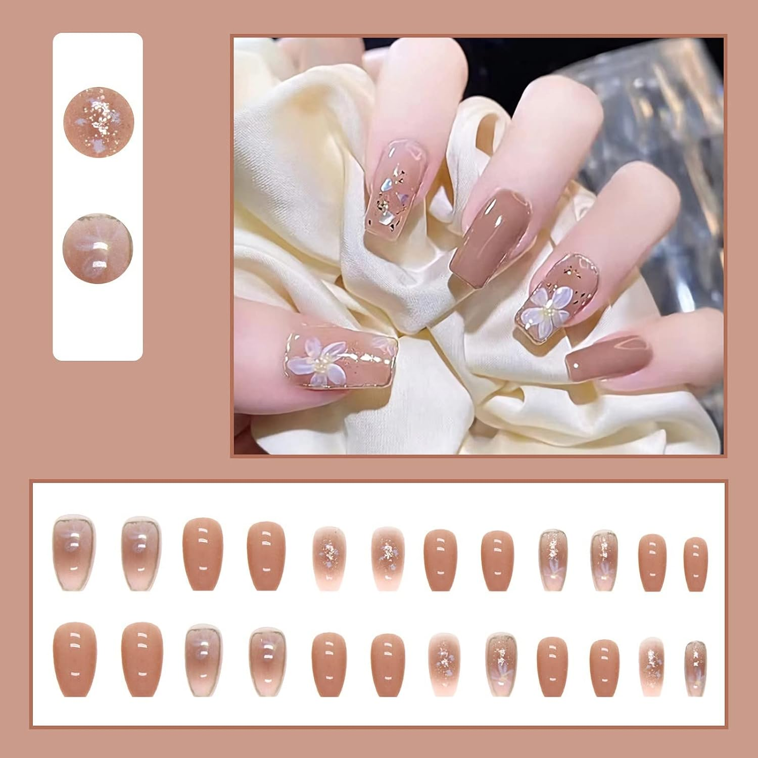 Press on Nails Short Square Fake Nails with Camellia Flowers Design Fake Nails French Full Cover Acrylic Artificial False Nails Stick on Nails for Women Girls Nail Art Decor Manicure Tips 24Pcs image number 6