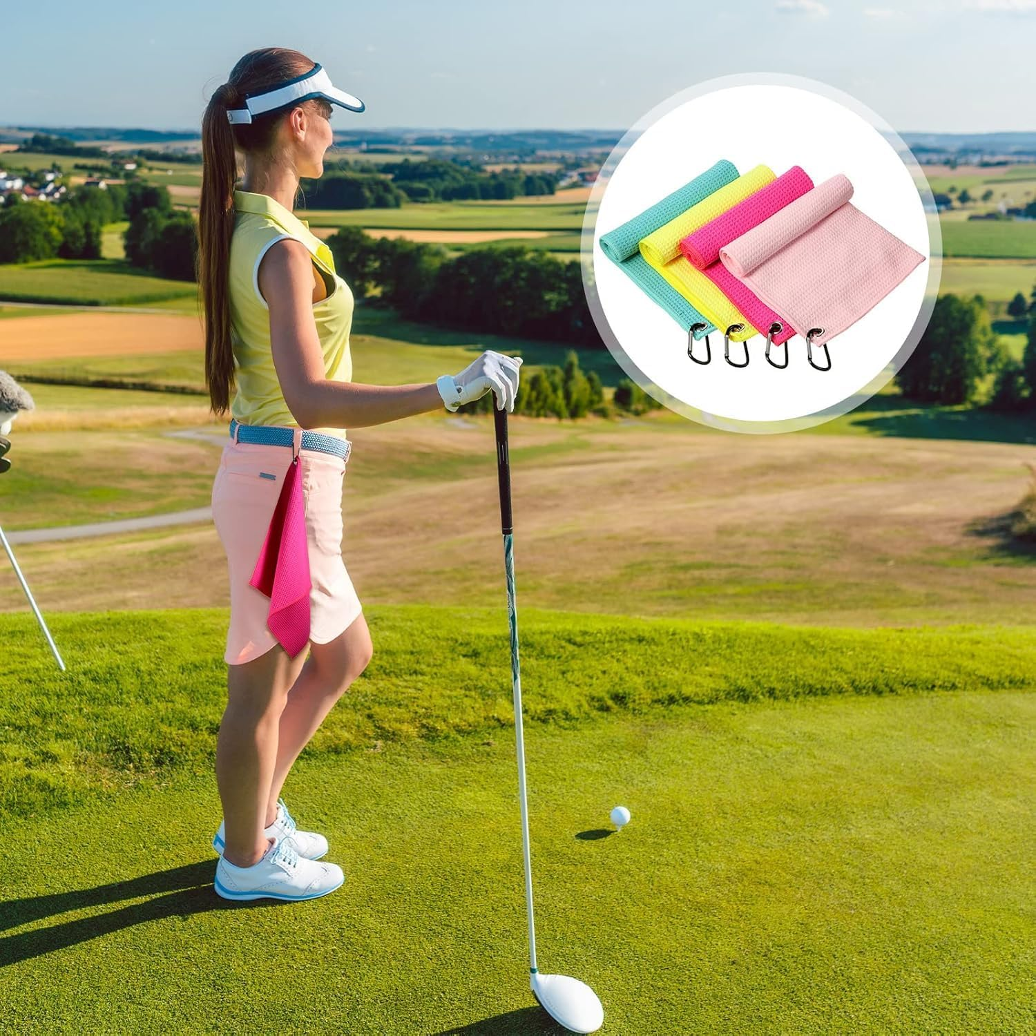 4 Pack Golf Towel for Golf Bags Microfiber Fabric Towel Bag with Clip Waffle Pattern Golf Accessories for Golf Ball Club Set, Multiple Colors (Light Blue, Yellow, Rose, Light Pink) image number 6