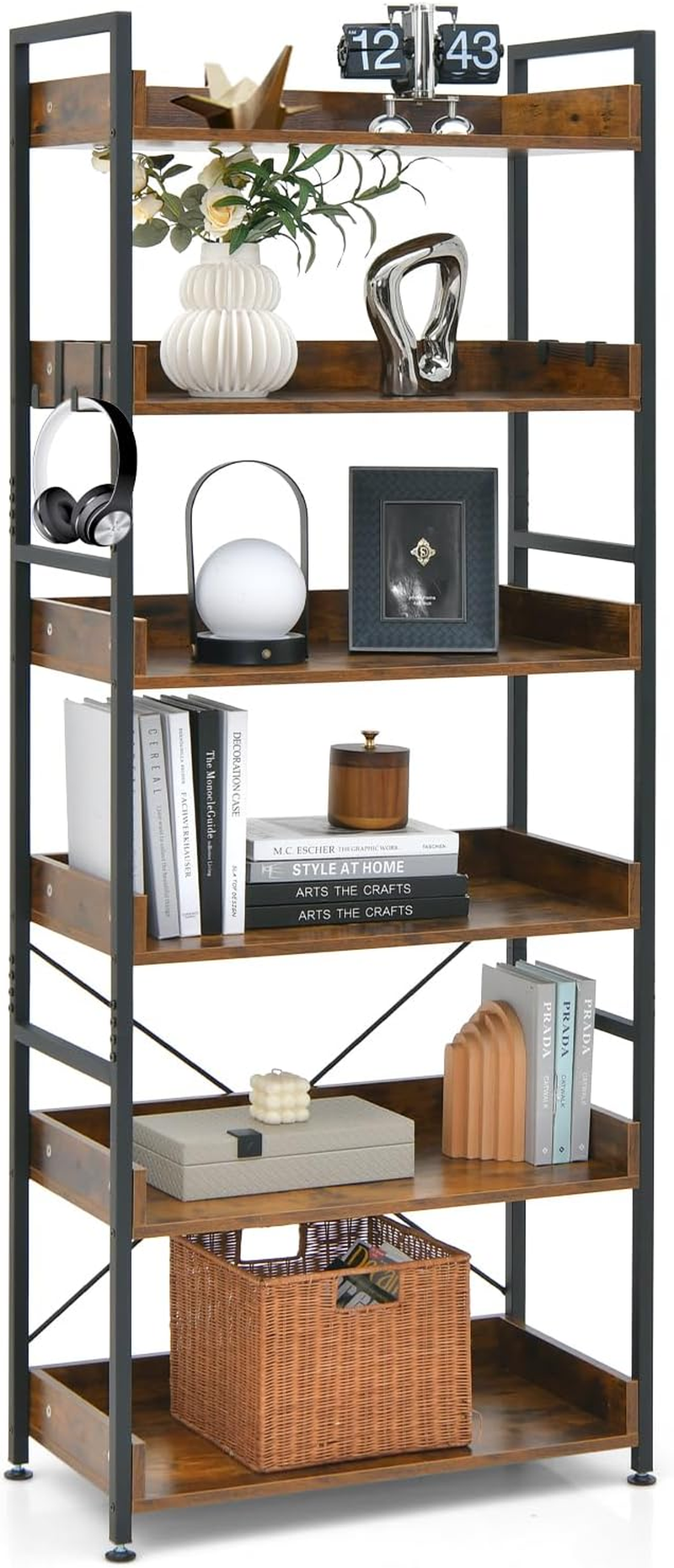 Giantex 6-Tier Bookshelf, Storage Rack W/ 4 Hooks, Open Display Shelves, Metal Frame Display Wooden Shelves, Vintage Standing Display Rack for Living Room, Bedroom, Balcony, Kitchen image number 2