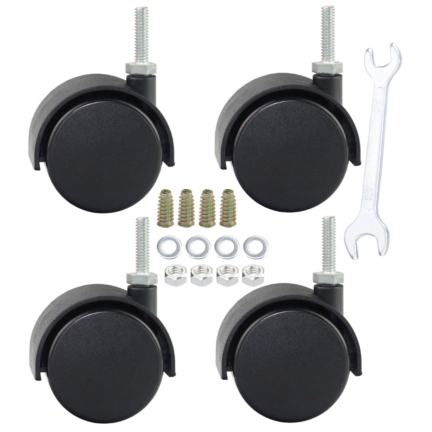 DICASAL 2" Shelving Caster, Swivel Stem Caster Wheel with 1/4" - 20 X 1 Thread Stem for Small Shelf and Furniture Pack of 4 Black (Without Brakes)