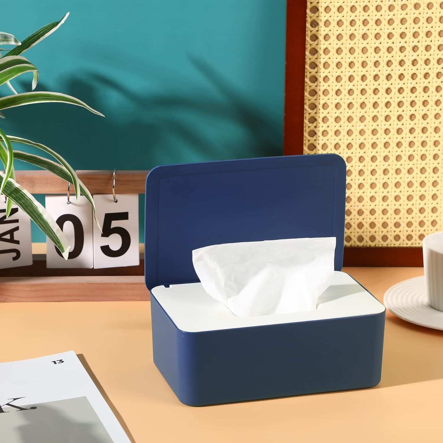 NOVWANG Wipes Dispenser Large Capacity Baby Wipes Holders Case Keeps Wipes Fresh Wipes Container with Silicone Non-Slip Pad, Dustproof Tissues Wipes Case with Lid (White-Blue)