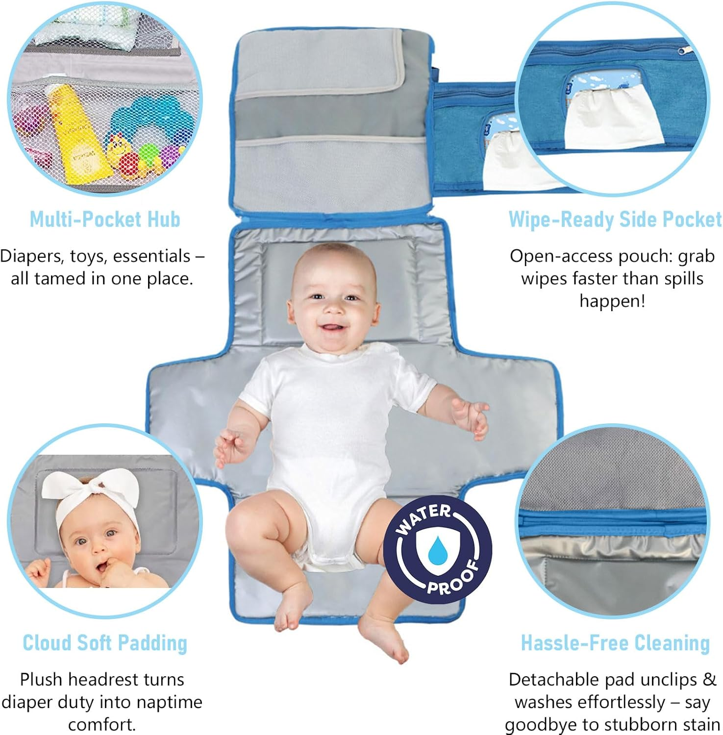 Baby Changing Mat Portable Waterproof Foldable Travel Diaper Changing Pad with Smart Wipes Pocket Lightweight Compact for On-The-Go Ideal Newborn Shower Gift for Boys & Girls (Blue)