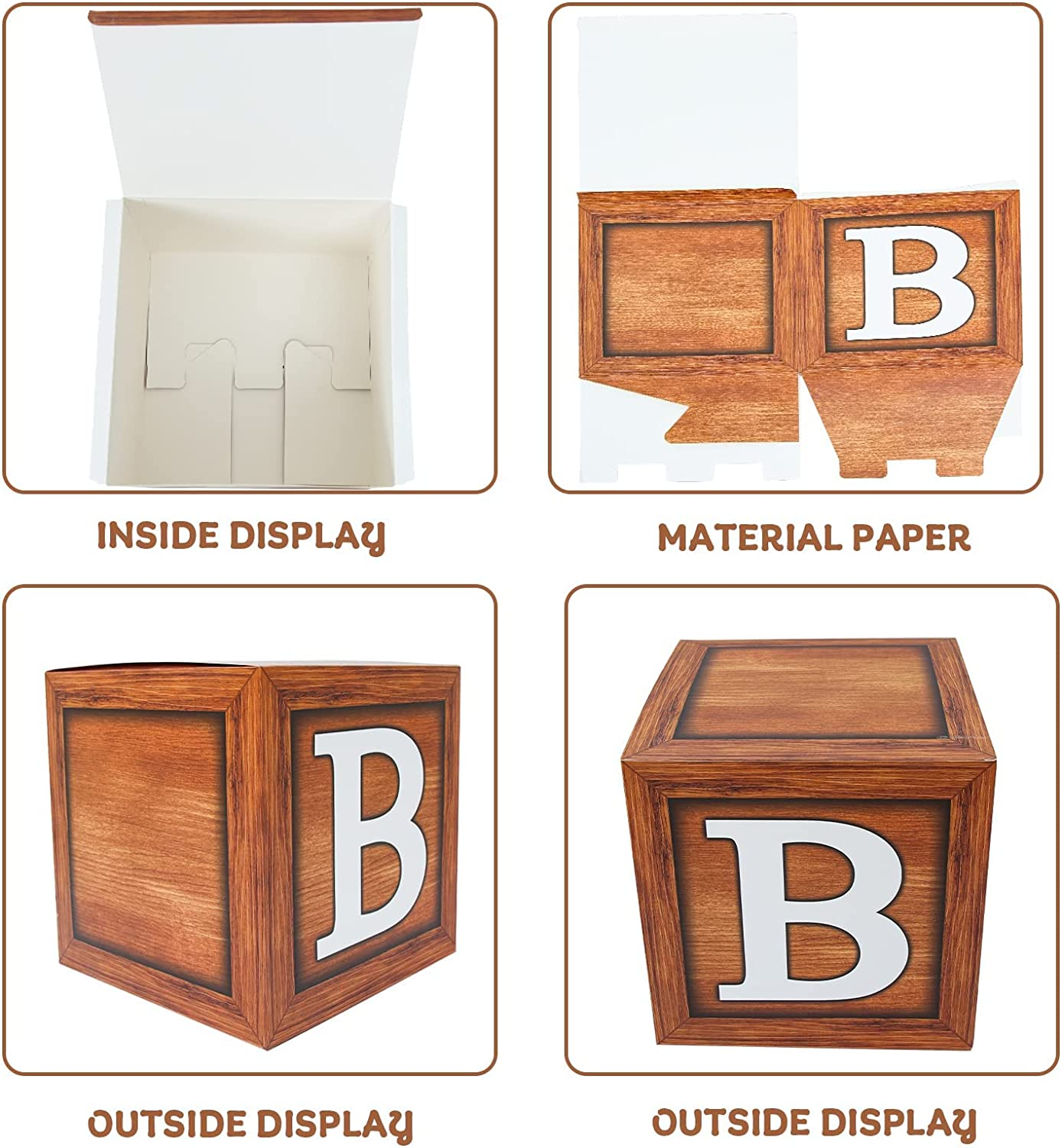 Baby Shower Boxes for Birthday Party Decorations - 4 Wood Grain Brown Blocks with BABY Letter, Printed Letters,First Birthday Centerpiece Decor, Teddy Bear Baby Shower Supplies, Gender Reveal Backdrop - Brown image number 6