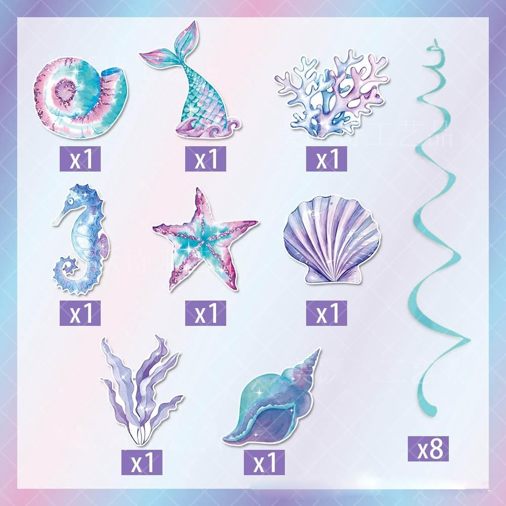 Mermaid Happy Birthday Banner Cake Toppers Hanging Swirls Cupcake Toppers under the Sea Little Mermaid Themed Birthday Decor for Mermaid Princess Birthday and Shower. image number 1