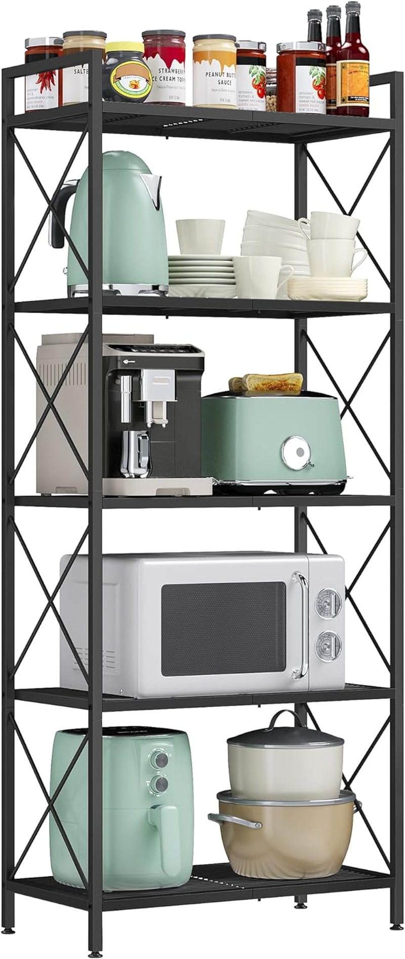 SONGMICS 5-Tier Metal Storage Rack, Shelving Unit with X Side Frames, Dense Mesh, 12.6 X 23.6 X 57.3 Inches, for Entryway, Kitchen, Living Room, Bathroom, Industrial Style, Black UBSC165B01 image number 4