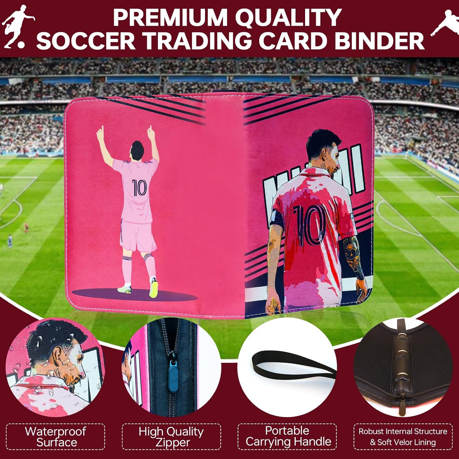 Soccer Card Binder for 400 Cards, 4 Pocket Card Collection Album with 50 Removable Sleeves and Zipper Carrying Handle, Waterproof Sports Trading Card Holder, Portable 3-Ring Soccer Card Folder image number 2