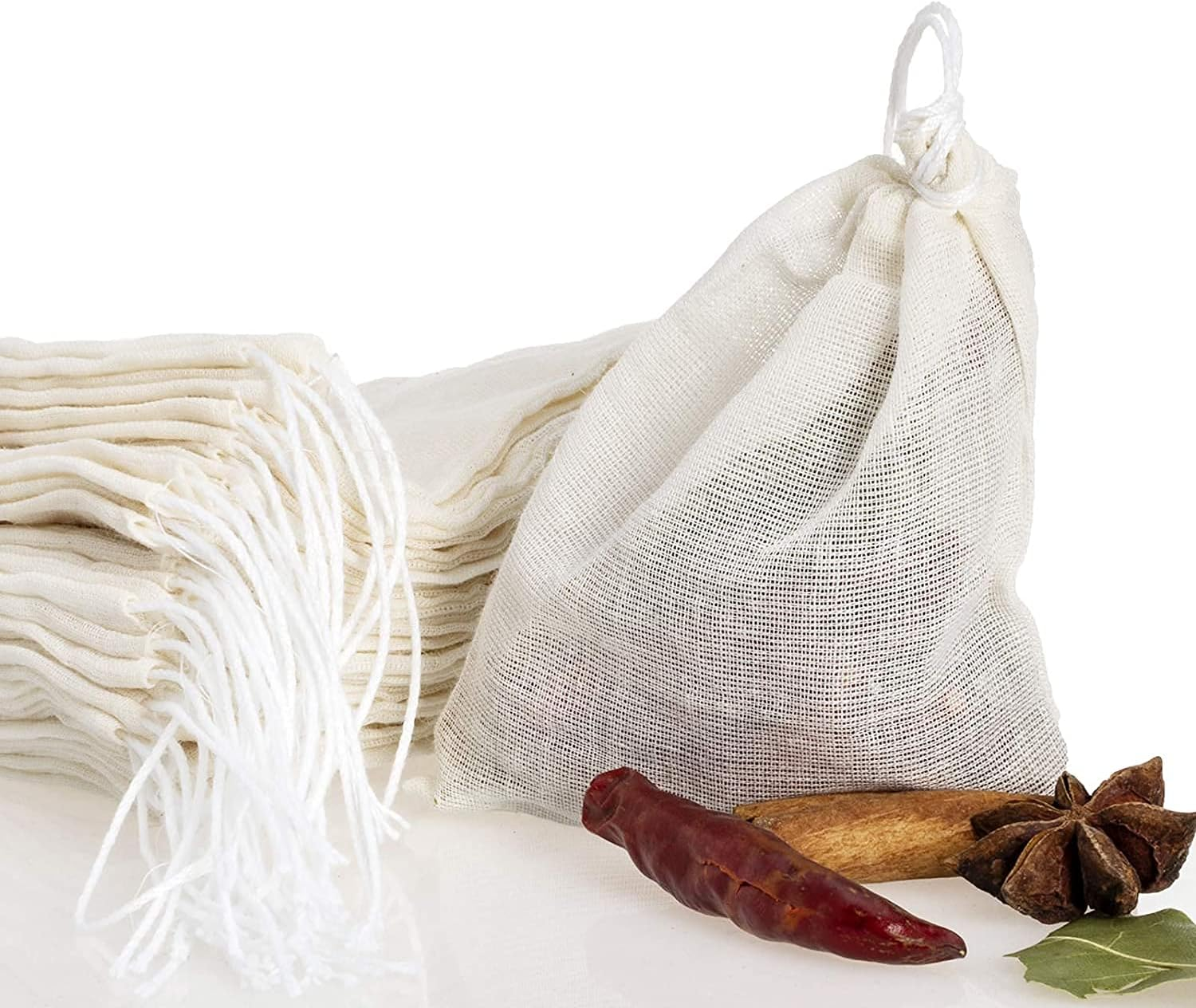 20 Pcs Muslin Drawstring Bags - Natural Unbleached Cotton Straining Herbs Cheesecloth, Coffee Tea Brew, Soup Gravy Broth Stew, Bone Broth Brew, Spice Bags - 6 X 4 Inches image number 3